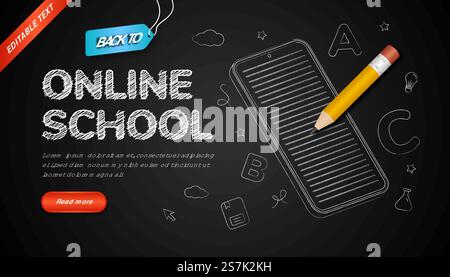 Back to online school background with editable text effect and icon chalk style on black board. 3d Pencil Illustration. Stock Vector