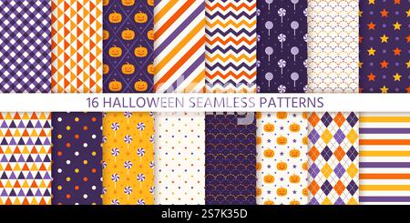 Halloween pattern. Seamless texture. Vector. Haloween background with pumpkin face,  candy, polka dot, star, stripe, checker. Geometric wrapping paper, textile print. Orange yellow purple Illustration Stock Vector
