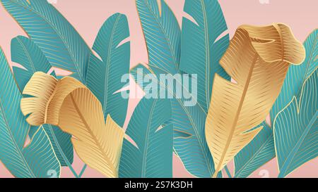 Background with tropical leaves of palm trees on a pink background. Stock Vector