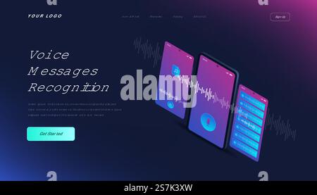 Template voice messages recognition landing page. Mobile application for recording sound, dictate messages and speech. Landing page with 3d isometric illustration gradient of smartphone with voice chat. Stock Vector