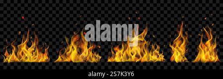Set of translucent burning campfires of flames and sparks on transparent background. For used on dark illustrations. Transparency only in vector format Stock Vector