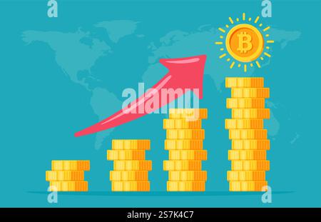Bitcoin coins that are stacked together in layers The growth concept of cryptocurrency value Stock Vector