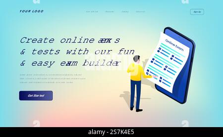 Create online exams & tests with our fun & easy exam builder Landing Page Template with Gradient Background and Isometric 3d Vector Illustration Mobile User Interface Stock Vector