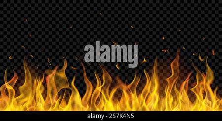 Translucent fire flames and sparks with horizontal repetition on transparent background. For used on dark illustrations. Transparency only in vector format Stock Vector