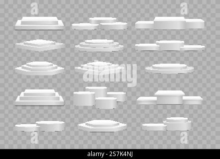 Round and square empty stages and podium stairs vector 3d template. White 3d podium mockup in different shapes. Pedestal and platform, stand stage, cylinder. Template for promotional items.. Podium, pedestal, stages. Stock Vector