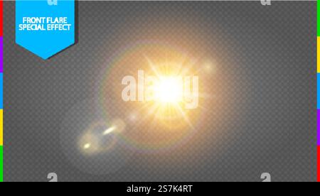 Vector transparent sunlight special lens flare light effect. Translucent sun flash with rays and spotlight. Golden warm spring or summer shine Stock Vector