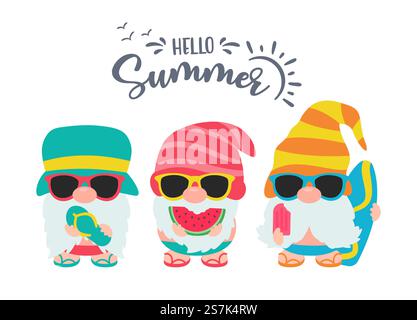 Gnomes Summer. Gnomes wear hats and sunglasses for summer trips to the beach. Stock Vector