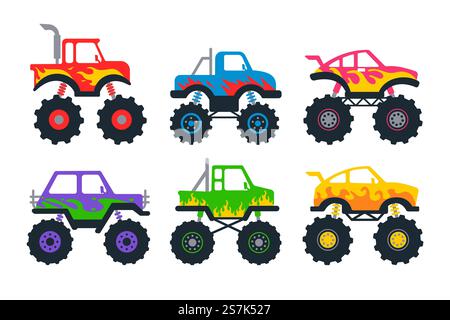 Set of monster trucks. Vector pickup truck with big wheels Cartoon car design ideas for boys. Stock Vector