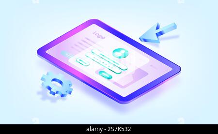Computer and account login and password form page on screen. Sign in to account, user authorization, login authentication page concept. Username, password fields. 3D Gradient Isometric Illustrations. Suitable for ui, ux, web, mobile, banner and infographic. Stock Vector
