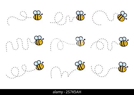 Bee flying path. A bee flying in a dotted line The flight path of a bee to honey. Stock Vector