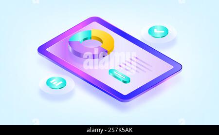 Data analytics, dashboard and business finance report. Landing page. 3D Gradient Isometric Illustrations. Suitable for ui, ux, web, mobile, banner and infographic. Stock Vector