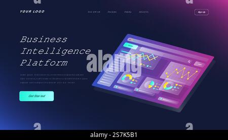Business Intelligence Platform Landing Page Template with Gradient Background and Isometric 3d Vector Illustration glass effect Stock Vector