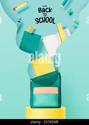 Various stationery and school suppliers for back to school in 3d realistic art style with pastel color vector illustration Stock Vector