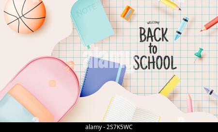 Various stationery and school suppliers for back to school in 3d realistic art style with pastel color vector illustration Stock Vector