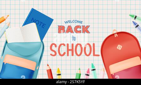 Various stationery and school suppliers for back to school in 3d realistic art style with pastel color vector illustration Stock Vector
