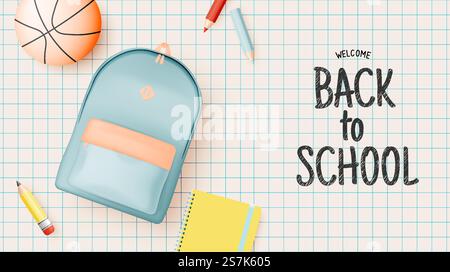Various stationery and school suppliers for back to school in 3d realistic art style with pastel color vector illustration Stock Vector