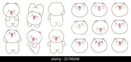 Cute cartoon bear character collection, With different emotions, hand drawn illustrations. Stock Vector