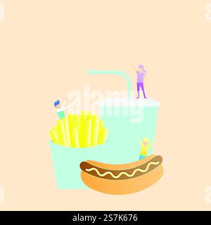 Fast food Hot dog and soft drink with french fries in paper art style vector illustration Stock Vector