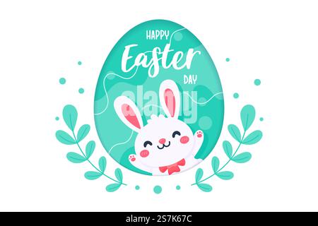 Cartoon rabbit with long ears Happy jumping on the green meadow in the spring Easter egg. Stock Vector