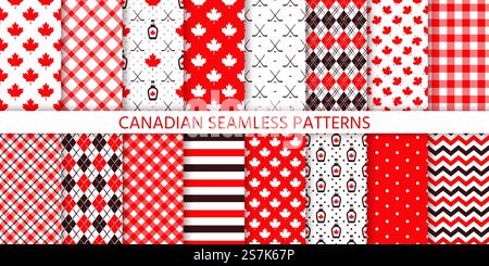 Canada seamless pattern. Vector. Backgrounds with maple leaf, hockey sticks, syrup, polka dot, rhombus and checkered. Happy Canada day texture. Set Canadian prints. Red brown illustration. Stock Vector