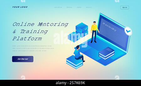 Online Mentoring & Training Platform Landing Page Template with Gradient Background and Isometric 3d Vector Illustration Desktop Web User Interface Stock Vector