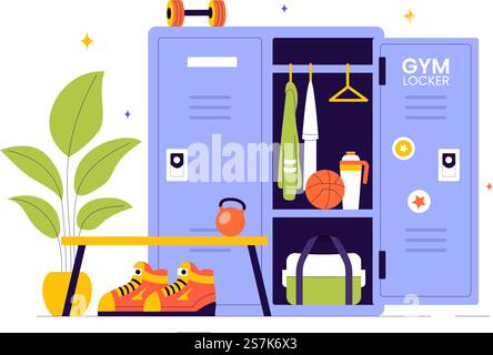 Gym Locker Room Vector Illustration Featuring Dressing Storage for Sports Teams with Fresh Dry Towels, Wardrobes, and Benches for Neat Uniform Changes Stock Vector