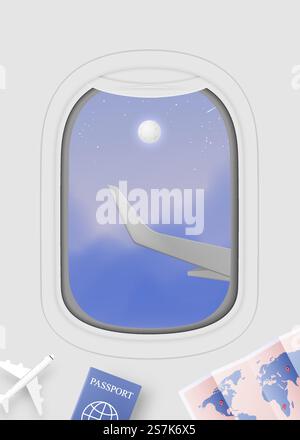 Airplane window view  with beautiful night time sky background vector illustration Stock Vector