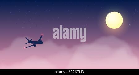 Airplane window view with beautiful night time sky and stars background vector illustration Stock Vector