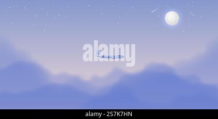 Airplane window view  with beautiful night time sky background vector illustration Stock Vector