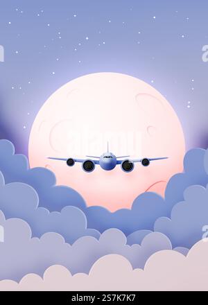 Airplane window view with beautiful night time sky and stars background vector illustration Stock Vector