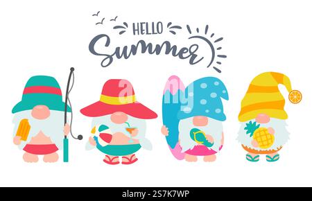 Gnomes Summer. Gnomes wear hats and sunglasses for summer trips to the beach. Stock Vector