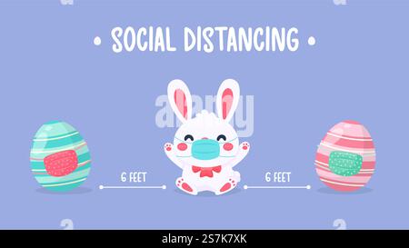 Cartoon little rabbit wearing a mask and colorful Easter eggs. Social distancing concept Stock Vector