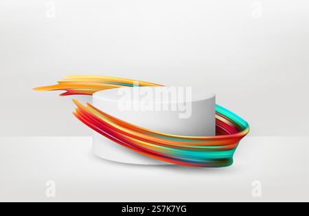 3d realistic white pedestal on white background with color brush paint. Empty space design trendy mockup scene for product. Vector illustration EPS10. 3d realistic white pedestal on white background with color brush paint. Empty space design trendy mockup scene for product. Vector illustration Stock Vector