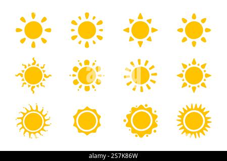 Vector cartoon yellow sun Shining light rays to heat the summer. Isolated on white background. Stock Vector
