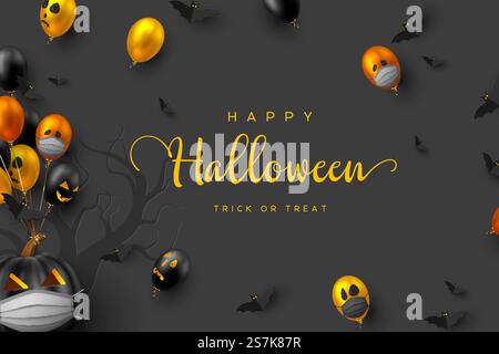 Halloween Coronavirus concept, Covid-19 protection. Glossy balloons with monster faces, flying bats and pumpkins in protective masks. Vector illustration.. Halloween Coronavirus concept. Stock Vector