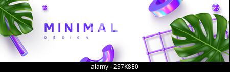 Minimal banner with 3d render primitives and monstera leaves. 3d geometric shapes in violet iridescent colors. Abstract summer background. Vector illustration.. Minimal abstract summer design. Stock Vector