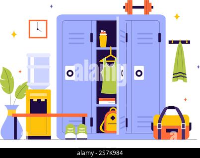 Gym Locker Room Vector Illustration Featuring Dressing Storage for Sports Teams with Fresh Dry Towels, Wardrobes, and Benches for Neat Uniform Changes Stock Vector