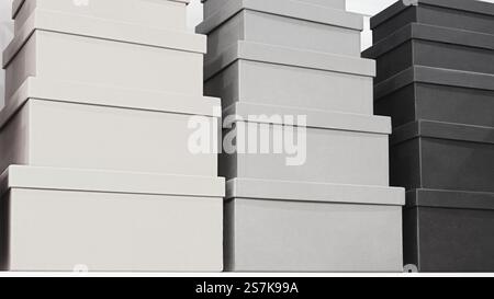 A stack of boxes with one being the tallest and the others being shorter. The boxes are all grey and white Stock Photo