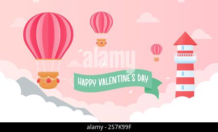 The lighthouse is high above pink clouds with heart balloons floating in the sky on Valentine&rsquo;s Day. Stock Vector