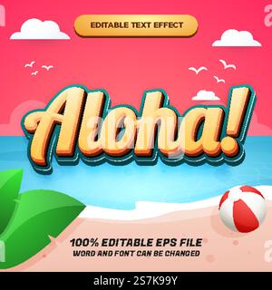 Aloha editable text effect with beautifull sunset beach background Stock Vector