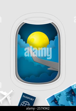 Airplane window view paper art with beautiful night time sky background vector illustration Stock Vector