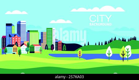 Simple landscape with buildings. Urban skyline residential houses, green trees and hill, summer cityscape banner, websites vector background with minimalism city and lake. Simple landscape with buildings. Urban skyline residential houses, green trees and hill, summer cityscape banner, websites vector background Stock Vector