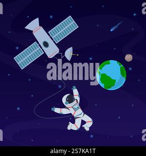 Earth with astronaut. Cosmonaut floating in stratosphere near earth planet, spaceship. Spacewalk explore at orbital station vector cosmos human satellite picture concept. Earth with astronaut. Cosmonaut floating in stratosphere near earth planet, spaceship. Spacewalk explore at orbital station vector concept Stock Vector