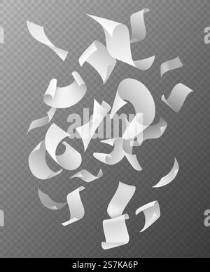 Flying papers group. Chaotic falling and flying empty white paper sheets, scattered notes with curved pages corners realistic vector 3d document mockup. Flying papers group. Chaotic falling and flying empty white paper sheets, scattered notes with curved pages corners realistic vector mockup Stock Vector