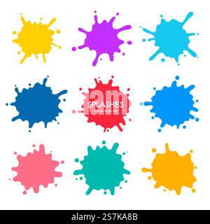 Color splash collection. Shadows of colorful liquid ink splatter as it drops on the ground. Stock Vector