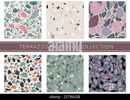 Terrazzo pattern. Veneziano composite texture italian mosaic, granite flooring tile. Marble stone seamless sample, architectural surface vector set. Terrazzo pattern. Veneziano composite texture italian mosaic, granite flooring tile. Marble stone seamless sample, architectural vector set Stock Vector