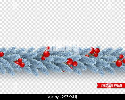 Christmas wreath with realistic fir-tree branches and berries. Decorative design element for holiday posters, flyers, banners. Isolated on transparent background. Vector illustration.. Christmas wreath with realistic fir-tree branches and berries. Decorative design element for holiday posters, flyers, banners. Isolated on transparent background, vector illustration. Stock Vector