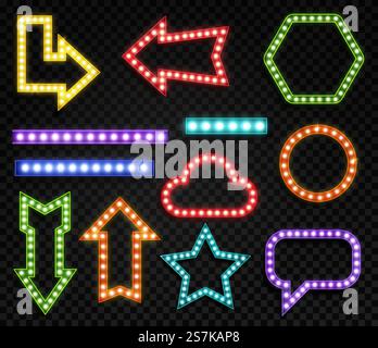 Signs with lamps. Realistic glowing symbols of different forms. Blue, red and yellow neon bulbs marketing frame for title lighting advertising vector border set. Signs with lamps. Realistic glowing symbols of different forms. Blue, red and yellow neon bulbs marketing frame for title advertising vector set Stock Vector