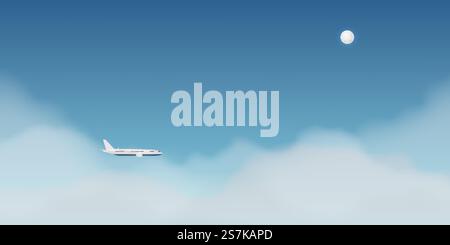 Airplane window view  with beautiful night time sky background vector illustration Stock Vector