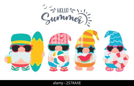 Gnomes Summer. Gnomes wear hats and sunglasses for summer trips to the beach. Stock Vector